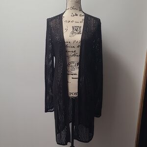 Black Open-Weave Long Cardigan Sweater